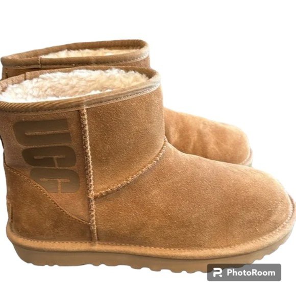 UGG Classic Mini Rubber Logo Chestnut Boots size 7 New - Picture 1 of 16